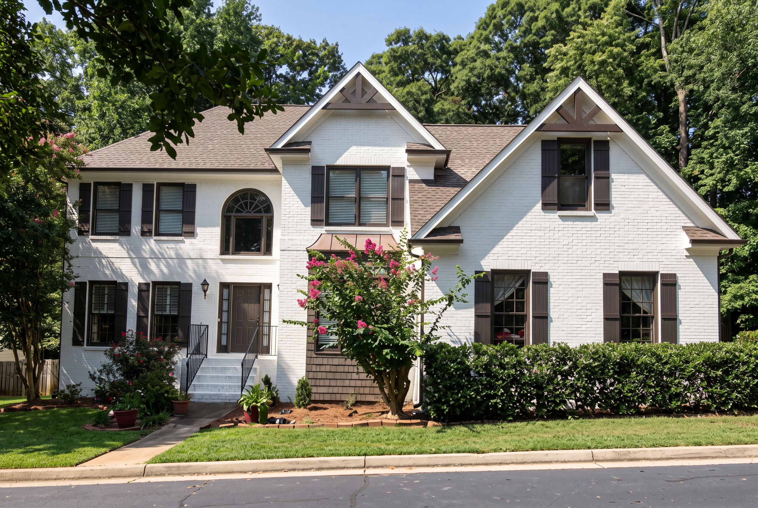 Freshly painted white brick home with dark shutters by April Painting Company